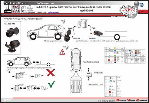 Adaptér redukce z 13 pinové auto zásuvky na 7 pólovou zástrčku přívěsu VW-107-D1