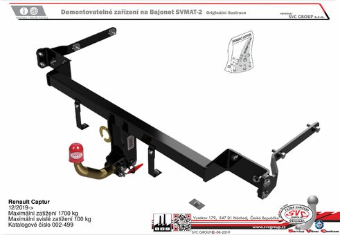 Tažné zařízení Renault Captur
Maximální zatížení 100 kg
Maximální svislé zatížení bottom kg
Katalogové číslo 002-499