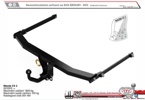 Tažné zařízení Mazda CX 3  2015
Maximální zatížení 100 kg
Maximální svislé zatížení bottom kg
Katalogové číslo 001-481