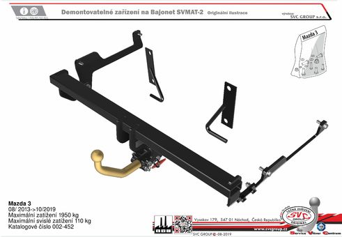 Tažné zařízení Mazda 3 Sedan 2013
Maximální zatížení 110 kg
Maximální svislé zatížení bottom kg
Katalogové číslo 002-452