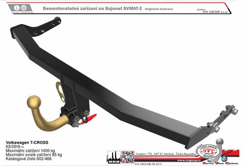 Tažné zařízení Volkswagen T-Cross  Pro nárazník  přípravou pro tažné zařízení
Maximální zatížení 85 kg
Maximální svislé zatížení bottom kg
Katalogové číslo 2.002-466
