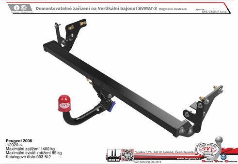 Tažné zařízení Peugeot 2008 2020+
Maximální zatížení 85 kg
Maximální svislé zatížení bottom kg
Katalogové číslo 003-512