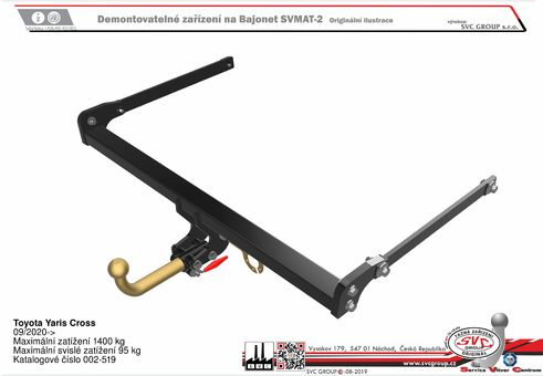 Tažné zařízení Toyota Yaris Cross  04/2021-
Maximální zatížení 95 kg
Maximální svislé zatížení bottom kg
Katalogové číslo 002-519