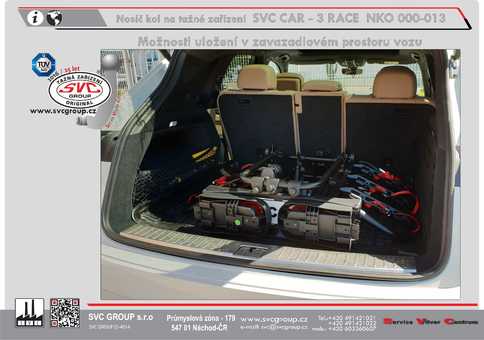 Nosič kol SVC CAR 3 RACE.  Foto v v zavazadlovém prostoru vozu. Od výrobce tažných zařízení SVC GROUP.