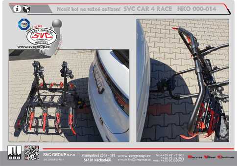 Nosič kol SVC CAR 4 RACE na 4 kola.  Foto v pozici pro převoz kol a pro otevření zavazadlového prostoru vozu. Od výrobce tažných zařízení SVC GROUP.