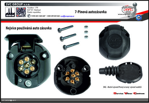 Auto zásuvka pro tažné zařízení 
7 pinů včetně spojovacího materiálu. 
Pro tažná zařízení s SKL zaklápění elektroinstalace pod nárazník - boční vývod
Výrobce tažných zařízení SVC GROUP 