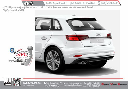 Tažné zařízení Audi A3 Sportback () (ne RS3 / S3 Sport Quattro) (ne CNG) (ne Hybrid - Petrol)8VA / 8VF
Maximální zatížení 75 kg
Maximální svislé zatížení bottom kg
Katalogové číslo 040-661