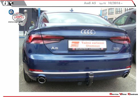 Tažné zařízení Audi A5 Sportback, Coupé, Cabrio  (F5A) (ne RS) (ne CNG)F5A F5A
Maximální zatížení 80 kg
Maximální svislé zatížení bottom kg
Katalogové číslo 051-483