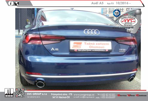 Tažné zařízení Audi A5 Sportback, Coupé, Cabrio  (F5A) (ne RS) (ne CNG)F5A F5A
Maximální zatížení 80 kg
Maximální svislé zatížení bottom kg
Katalogové číslo 051-483