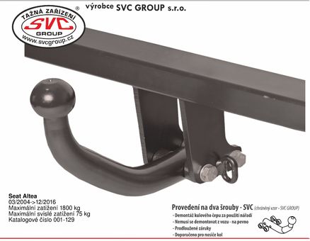 Tažné zařízení Seat Altea  2004 - 2015
Maximální zatížení 75 kg
Maximální svislé zatížení bottom kg
Katalogové číslo 001-129