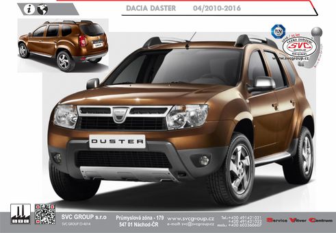 Tažné zařízení Dacia Duster
Maximální zatížení 75 kg
Maximální svislé zatížení bottom kg
Katalogové číslo 001-275