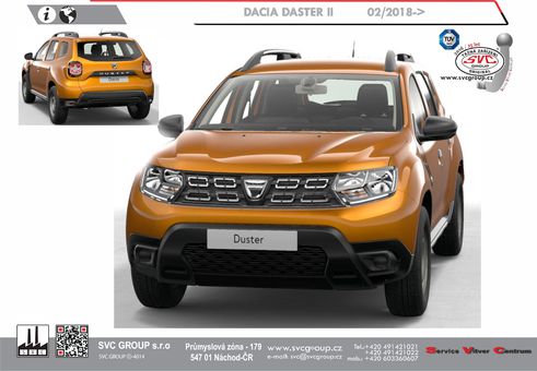 Tažné zařízení Dacia Duster
Maximální zatížení 75 kg
Maximální svislé zatížení bottom kg
Katalogové číslo 001-275