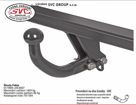 Tažné zařízení Škoda Fabia 1999 - 2014
Maximální zatížení 85 kg
Maximální svislé zatížení bottom kg
Katalogové číslo 701-004