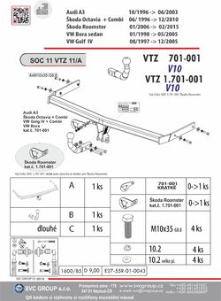 Tažné zařízení Škoda Octavia Combi I 1996-2010
Maximální zatížení 85 kg
Maximální svislé zatížení bottom kg
Katalogové číslo 701-001