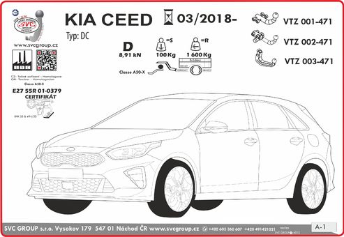 Tažné zařízení Kia Ceed 2018->
Maximální zatížení 100 kg
Maximální svislé zatížení bottom kg
Katalogové číslo 003-471